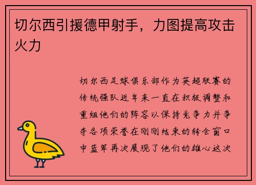 切尔西引援德甲射手，力图提高攻击火力